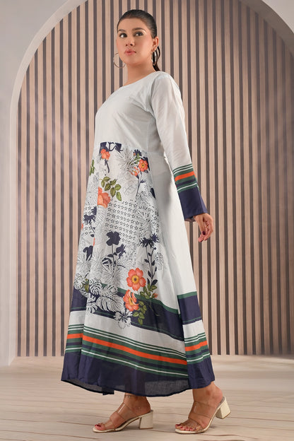 Side full view of BOLDSTEP cotton maxi dress featuring white base with navy blue, orange, and green floral print and striped hemline | BOLD STEP | BOLDSTEP.PK | BOLDSTEP STORE.