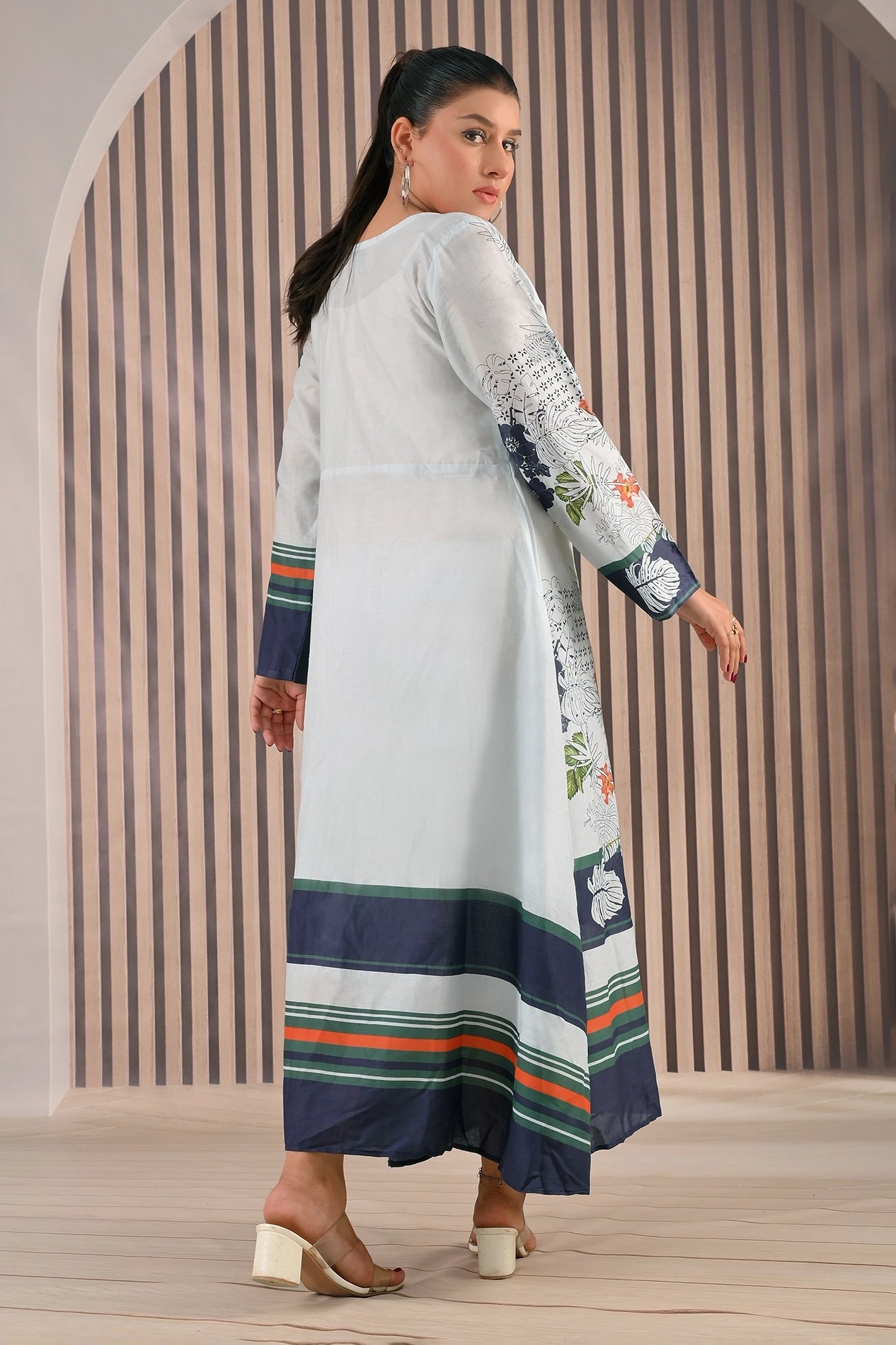Back view of BOLDSTEP white and navy blue printed cotton maxi dress with floral and stripe detailing on sleeves and hemline | BOLD STEP | BOLDSTEP.PK | BOLDSTEP STORE.