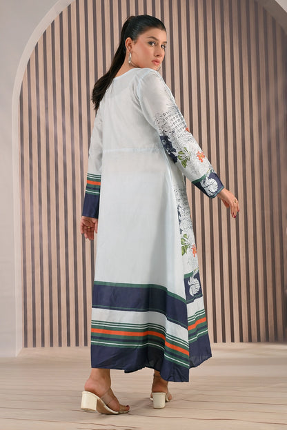 Back view of BOLDSTEP white and navy blue printed cotton maxi dress with floral and stripe detailing on sleeves and hemline | BOLD STEP | BOLDSTEP.PK | BOLDSTEP STORE.