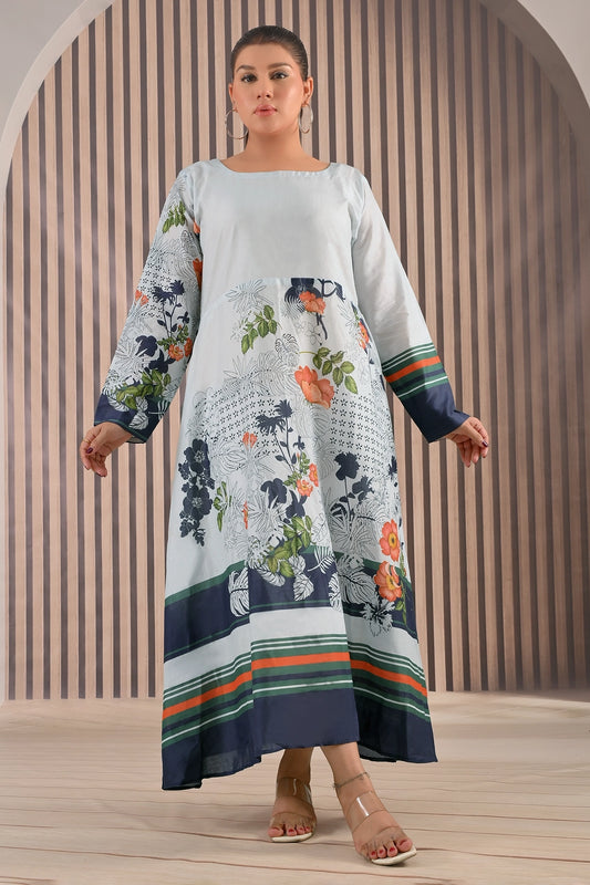 Front full view of BOLDSTEP cotton maxi dress with artistic floral print in orange and green tones on white fabric and navy striped borders | BOLD STEP | BOLDSTEP.PK | BOLDSTEP STORE.