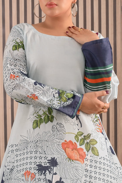 Close-up of BOLDSTEP maxi dress sleeves and floral print details showing elegant navy cuff stripes and soft cotton texture | BOLD STEP | BOLDSTEP.PK | BOLDSTEP STORE.