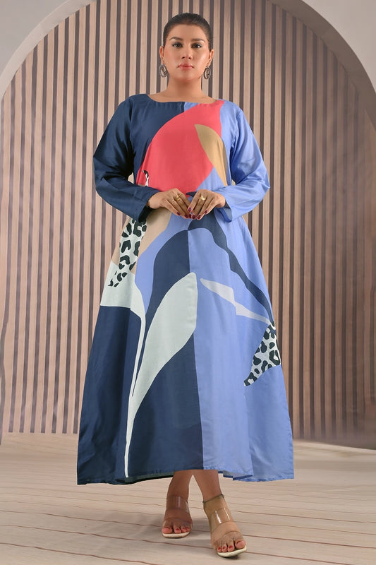 Front full view of BOLDSTEP abstract printed maxi dress featuring navy blue, coral red, beige, and light blue color blocks with a relaxed A-line silhouette | BOLD STEP | BOLDSTEP.PK | BOLDSTEP STORE.