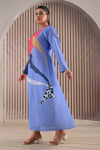 Side angle view of BOLDSTEP abstract printed maxi dress highlighting modern geometric print in multi-color palette with full sleeves and elegant fall | BOLD STEP | BOLDSTEP.PK | BOLDSTEP STORE.