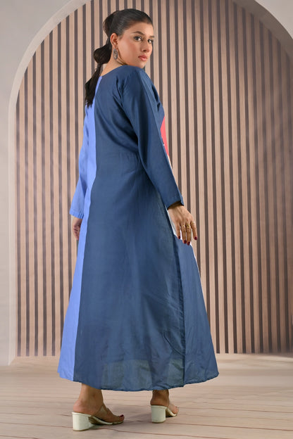 Back view of BOLDSTEP cotton maxi dress in navy and sky blue contrast design with a clean, flowy back cut and long sleeves | BOLD STEP | BOLDSTEP.PK | BOLDSTEP STORE.