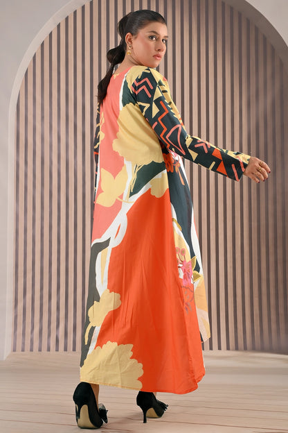Back view of BOLDSTEP cotton maxi dress in striking orange, yellow, and green abstract floral pattern with long sleeves and asymmetrical hemline | BOLD STEP | BOLDSTEP.PK | BOLDSTEP STORE.