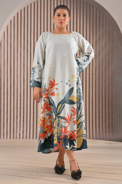 Front full view of BOLDSTEP ivory cotton maxi dress featuring vibrant floral print in orange, mustard, and blue tones with long sleeves and graceful A-line silhouette | BOLD STEP | BOLDSTEP.PK | BOLDSTEP STORE.