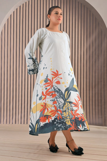 Side angle view of BOLDSTEP floral abstract maxi dress in soft ivory with multi-color botanical patterns, flowy hemline, and elegant full sleeves | BOLD STEP | BOLDSTEP.PK | BOLDSTEP STORE.