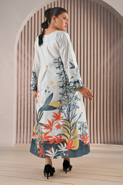 Back view of BOLDSTEP ivory maxi dress with bold floral patterns and back button detailing, styled in soft cotton fabric for a comfortable fit | BOLD STEP | BOLDSTEP.PK | BOLDSTEP STORE.