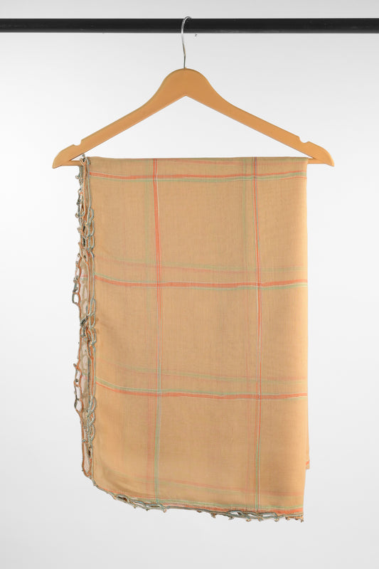 Peach Plaid Cotton Scarf with Crochet Edge
