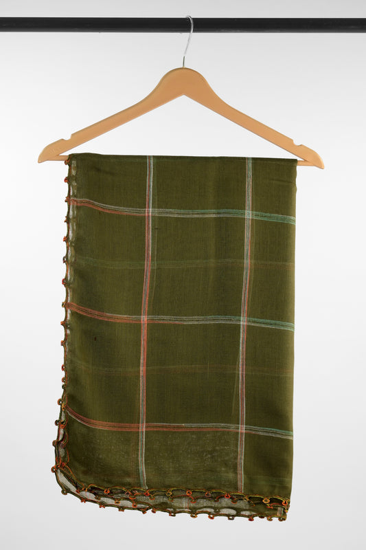 Olive Green Plaid Cotton Scarf with Crochet Edge
