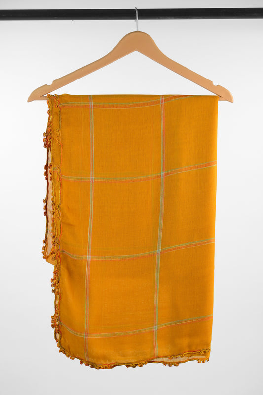 Mustard Plaid Cotton Scarf with Crochet Edge
