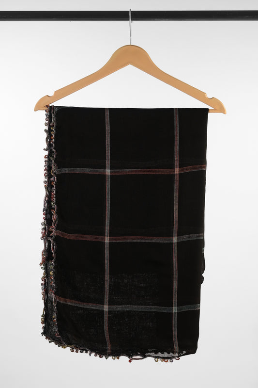 Black Plaid Cotton Scarf with Crochet Edge