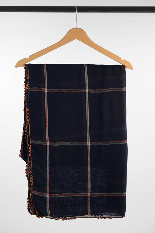 Navy Plaid Cotton Scarf with Crochet Edge