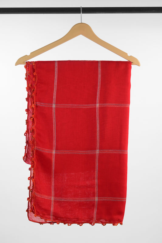 Red Plaid Cotton Scarf with Crochet Edge