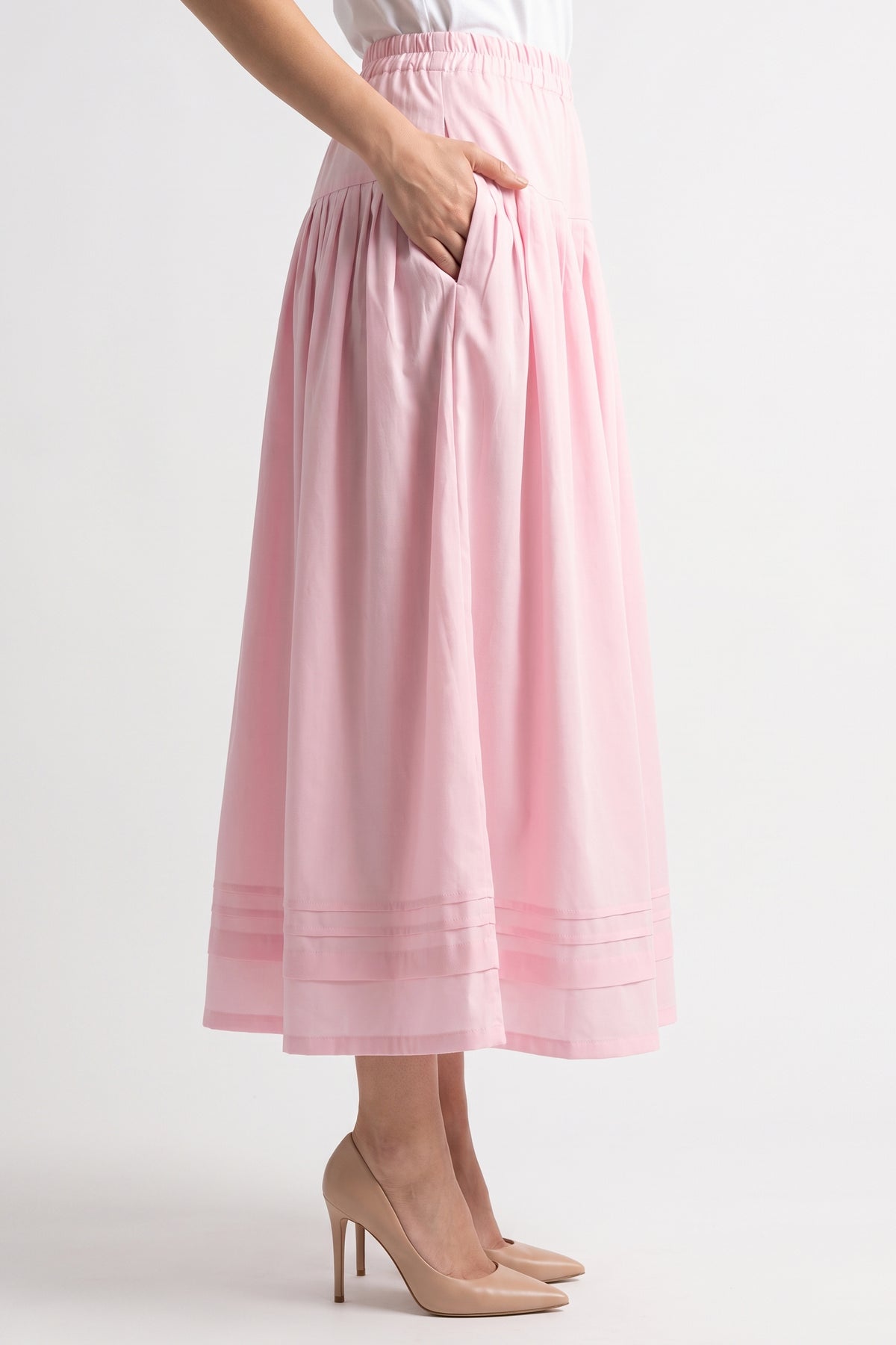 High-Waisted Pintuck Hem Linen Skirt with Pockets