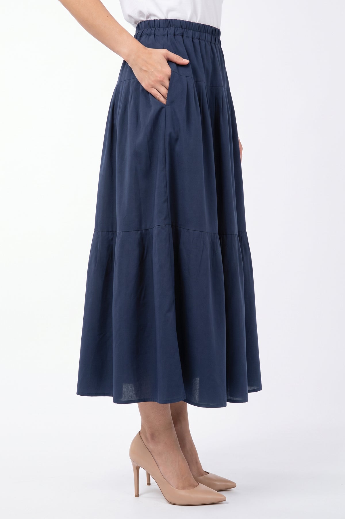 High-Waisted Pleated Tiered Linen Skirt with Pockets