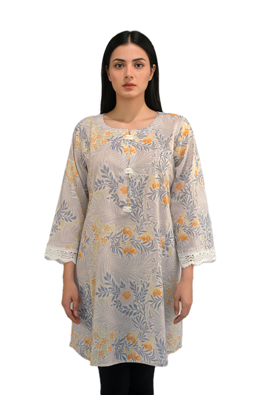 Grey Botanical Floral Lawn Printed Short Kurti