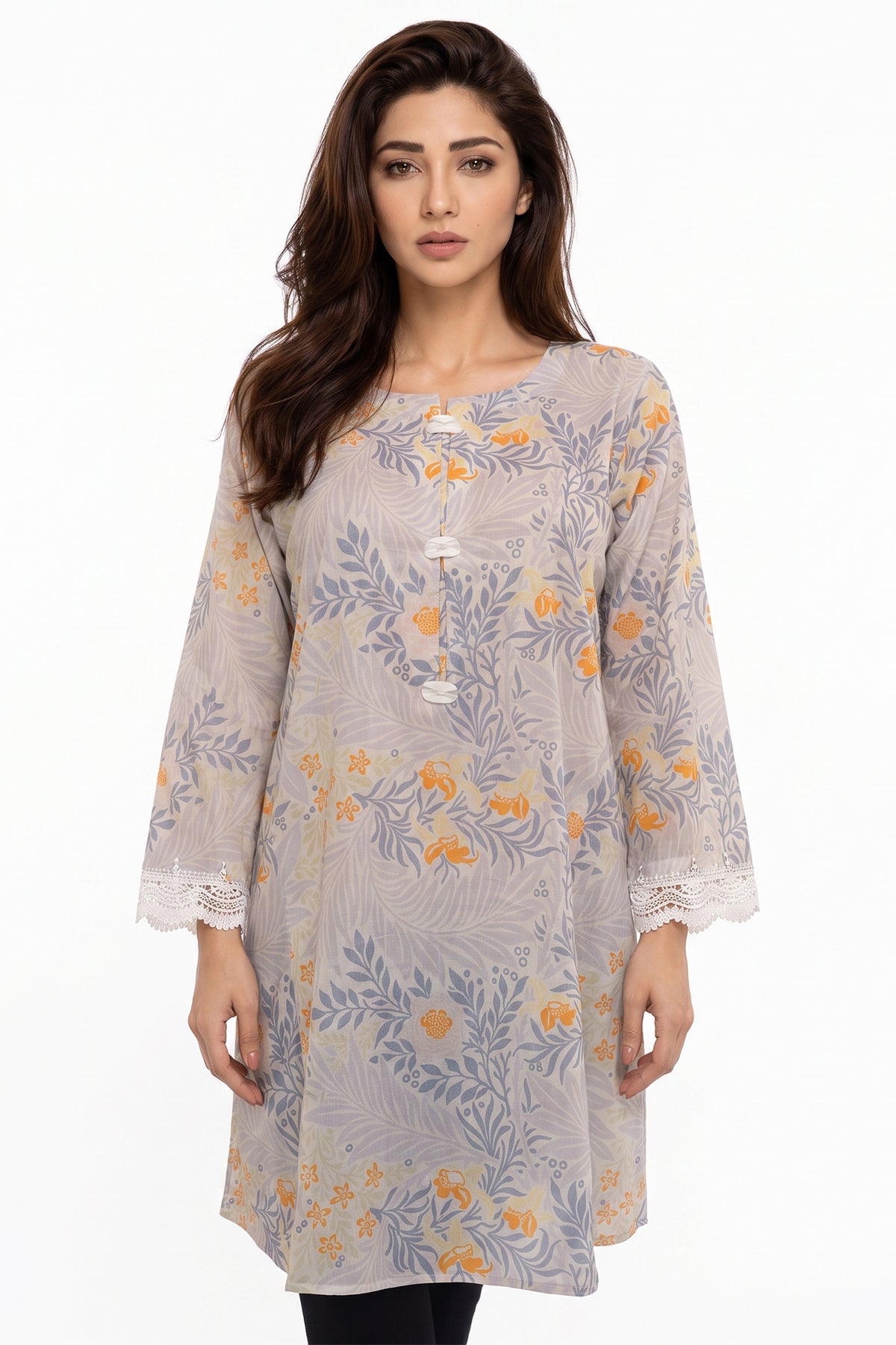 Grey Botanical Floral Lawn Printed Short Kurti