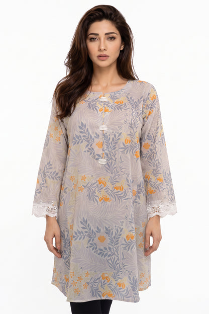 Grey Botanical Floral Lawn Printed Short Kurti