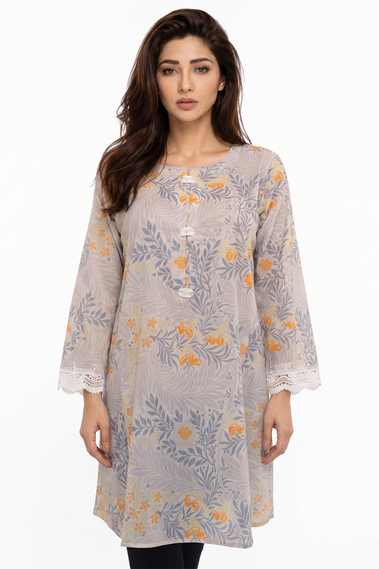 Grey Botanical Floral Lawn Printed Short Kurti