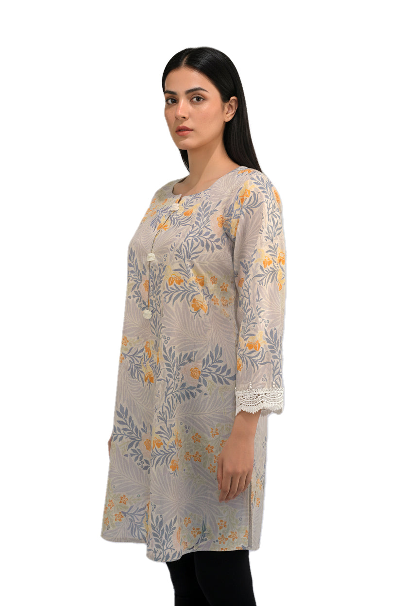 Grey Botanical Floral Lawn Printed Short Kurti