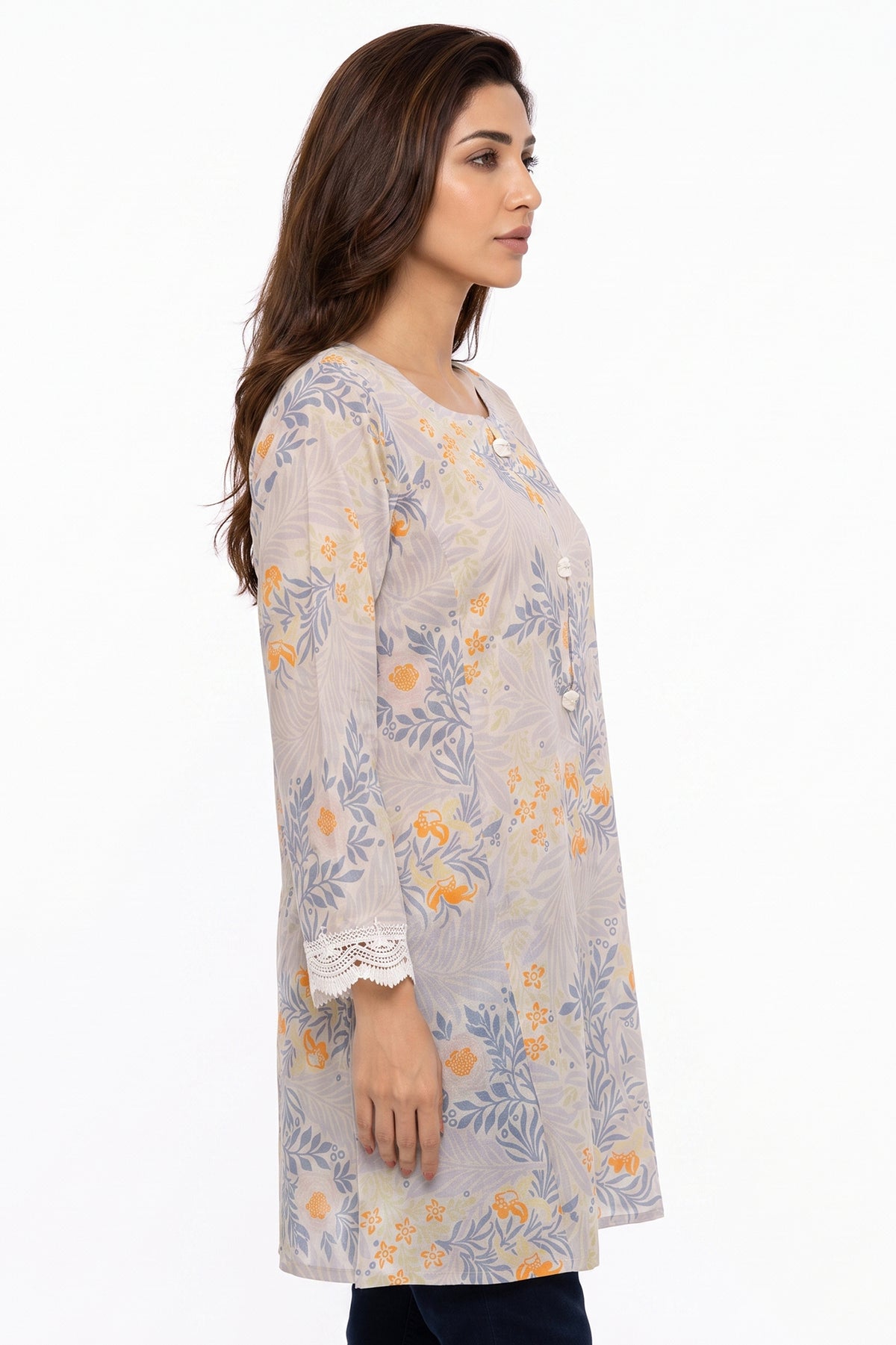 Grey Botanical Floral Lawn Printed Short Kurti
