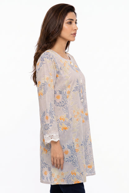 Grey Botanical Floral Lawn Printed Short Kurti