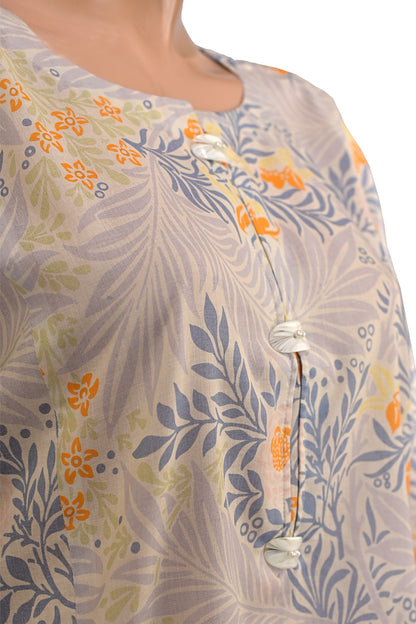 Grey Botanical Floral Lawn Printed Short Kurti