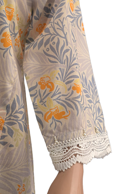 Grey Botanical Floral Lawn Printed Short Kurti