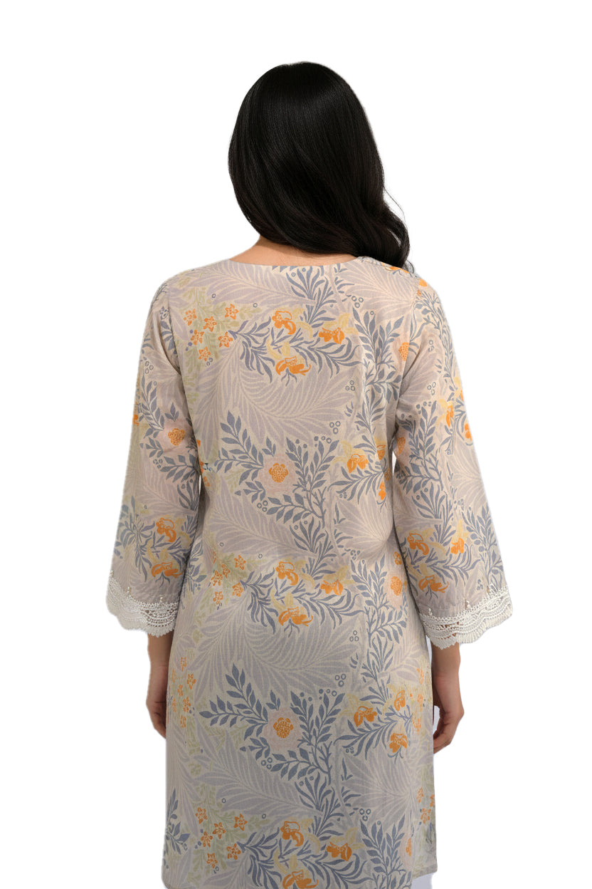 Grey Botanical Floral Lawn Printed Short Kurti