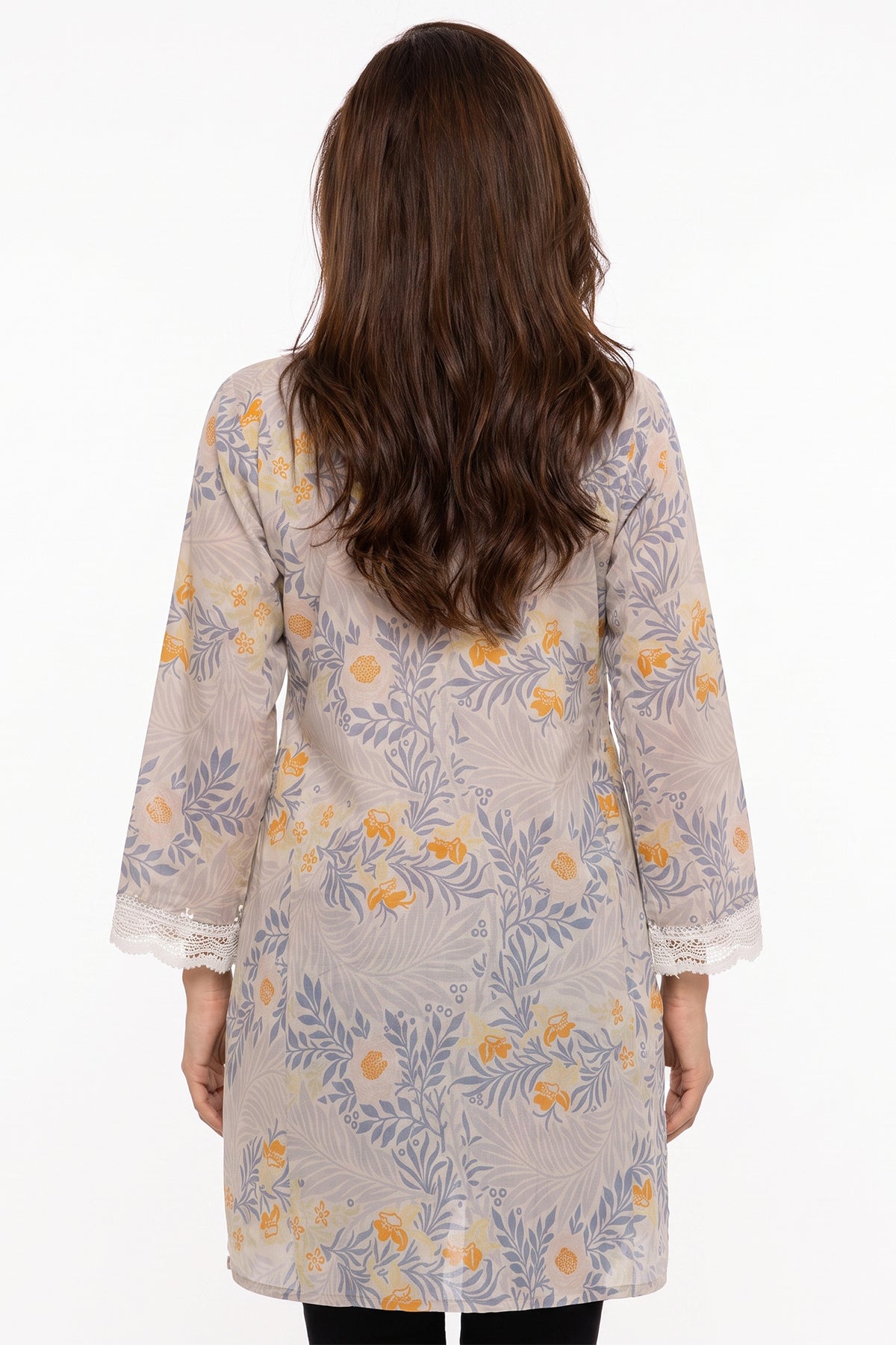 Grey Botanical Floral Lawn Printed Short Kurti