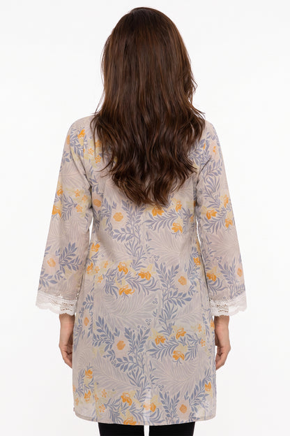 Grey Botanical Floral Lawn Printed Short Kurti