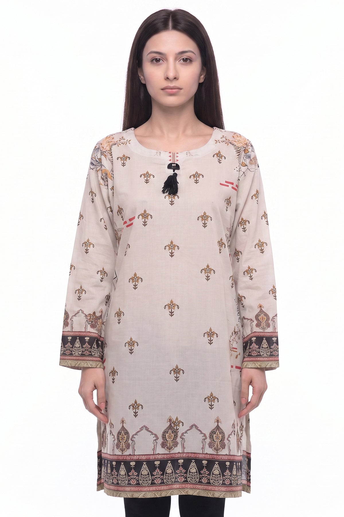 Heritage Motif Lawn Printed Short Kurti with Tassel Detail