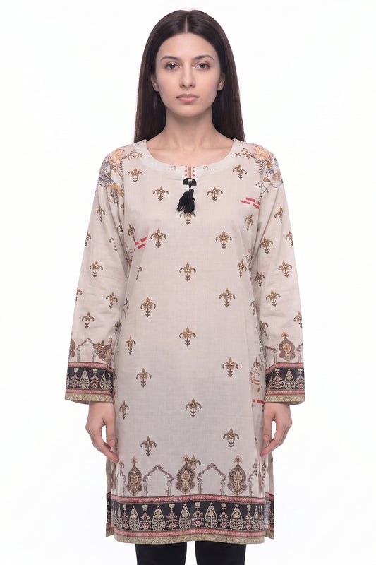 Heritage Motif Lawn Printed Short Kurti with Tassel Detail