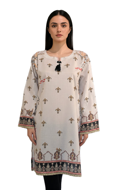 Heritage Motif Lawn Printed Short Kurti with Tassel Detail