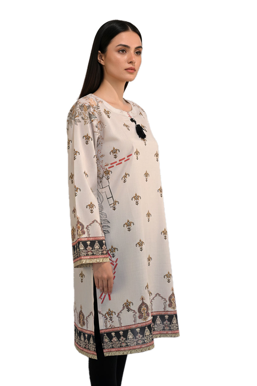 Heritage Motif Lawn Printed Short Kurti with Tassel Detail