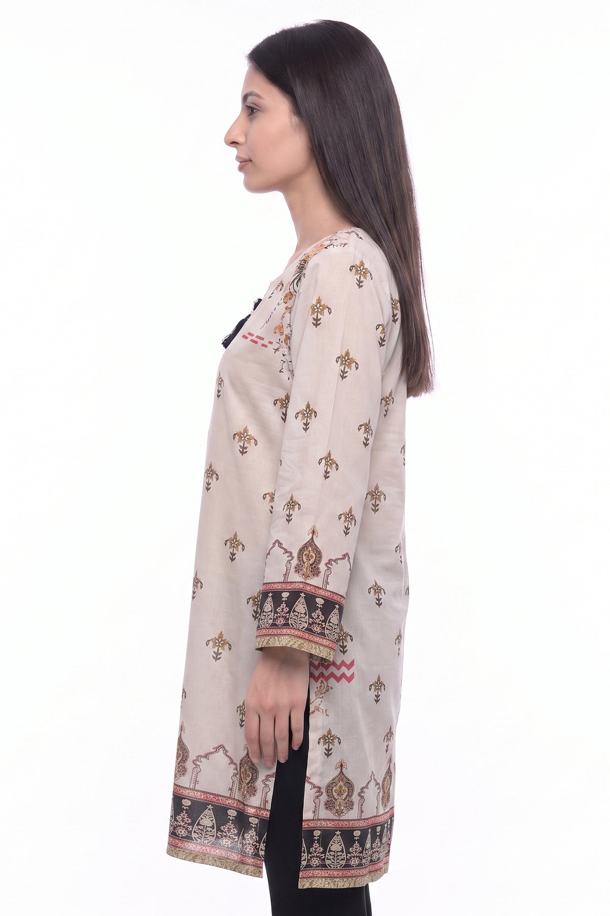 Heritage Motif Lawn Printed Short Kurti with Tassel Detail