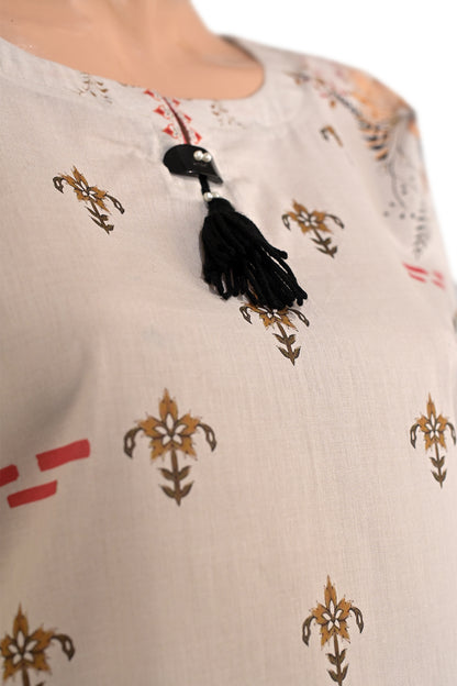Heritage Motif Lawn Printed Short Kurti with Tassel Detail