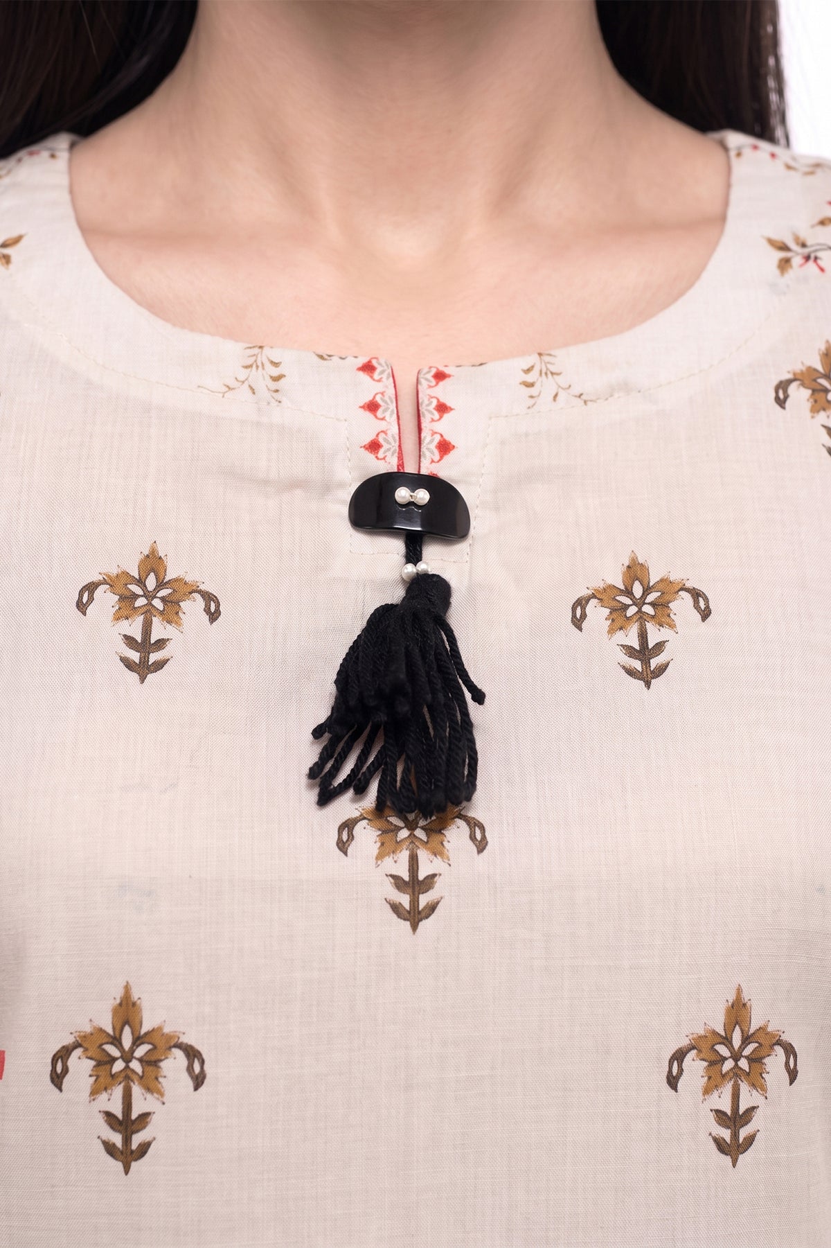 Heritage Motif Lawn Printed Short Kurti with Tassel Detail