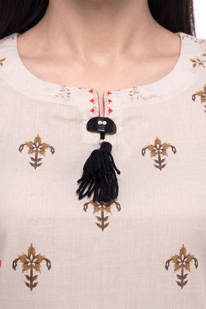 Heritage Motif Lawn Printed Short Kurti with Tassel Detail