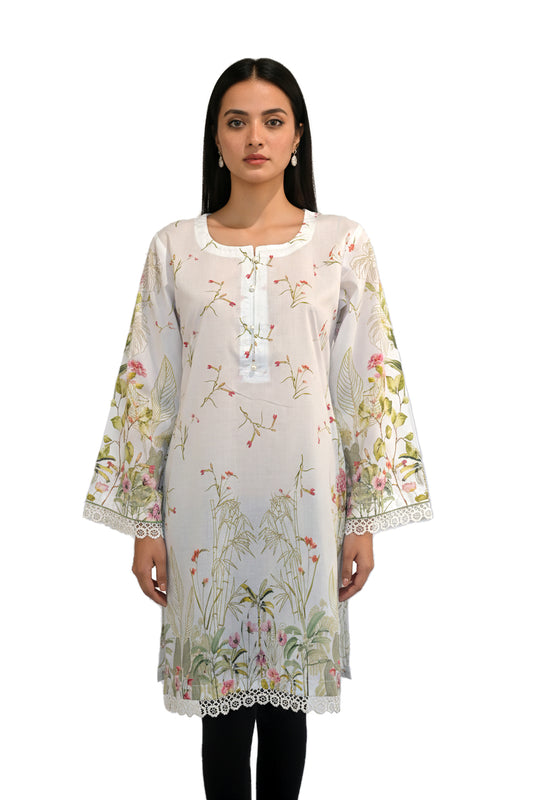 Garden Bloom Lawn Printed Short Kurti with Lace Border