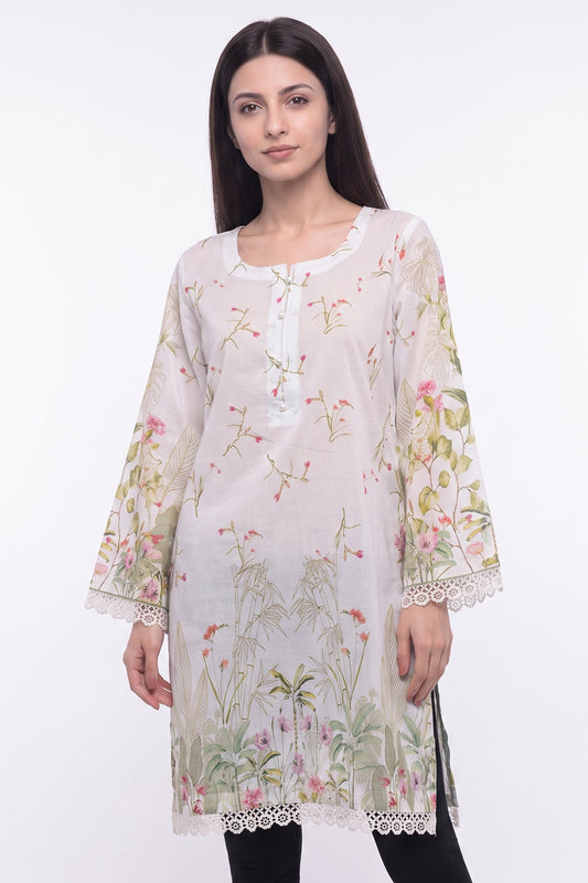 Garden Bloom Lawn Printed Short Kurti with Lace Border