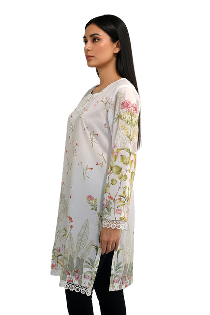 Garden Bloom Lawn Printed Short Kurti with Lace Border