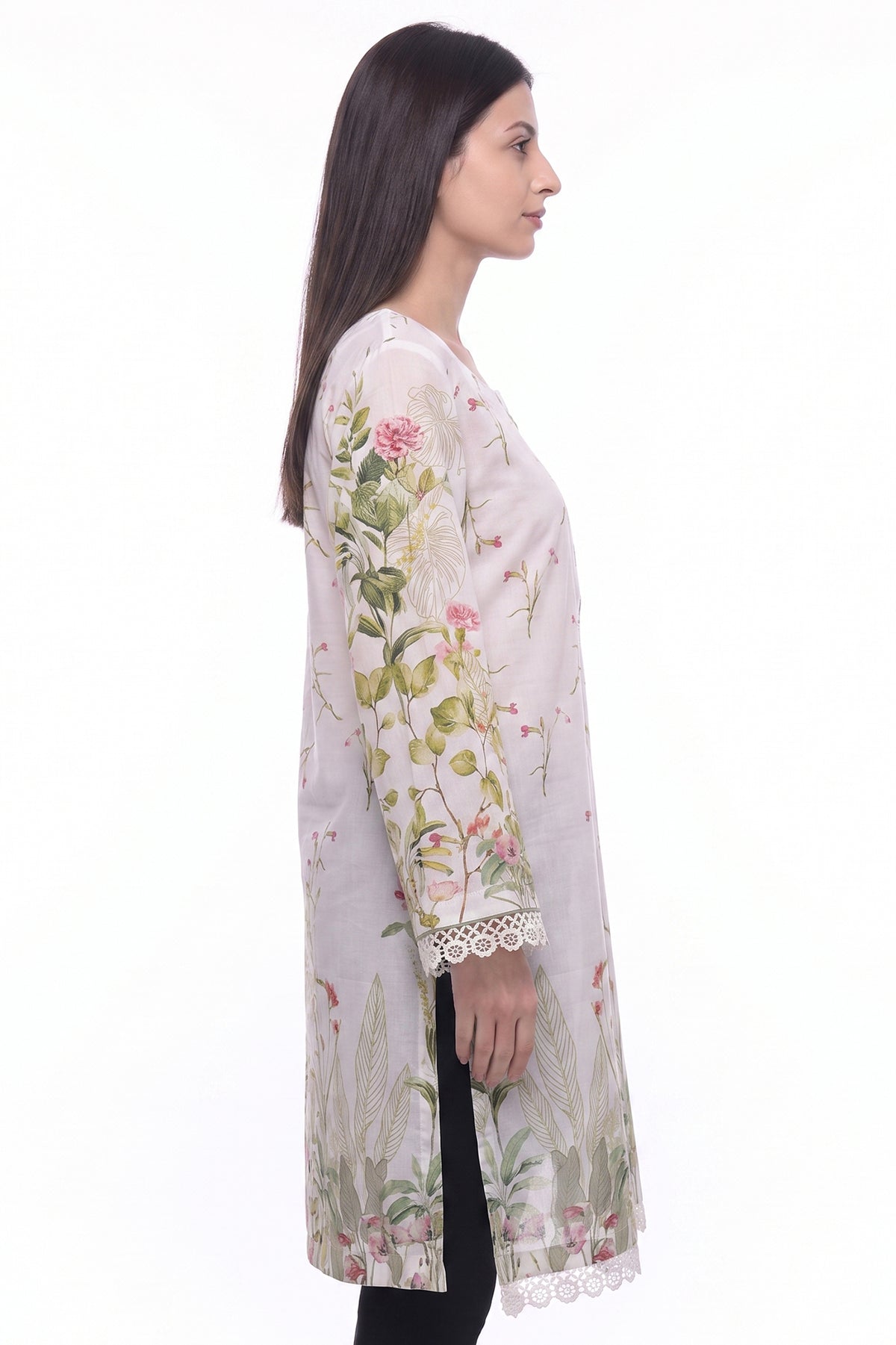 Garden Bloom Lawn Printed Short Kurti with Lace Border
