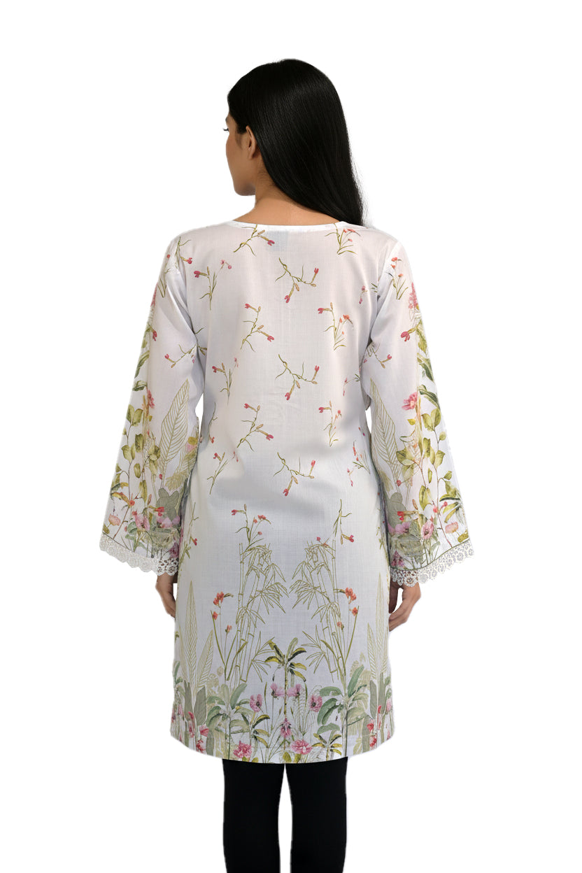 Garden Bloom Lawn Printed Short Kurti with Lace Border