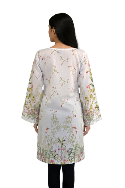Garden Bloom Lawn Printed Short Kurti with Lace Border