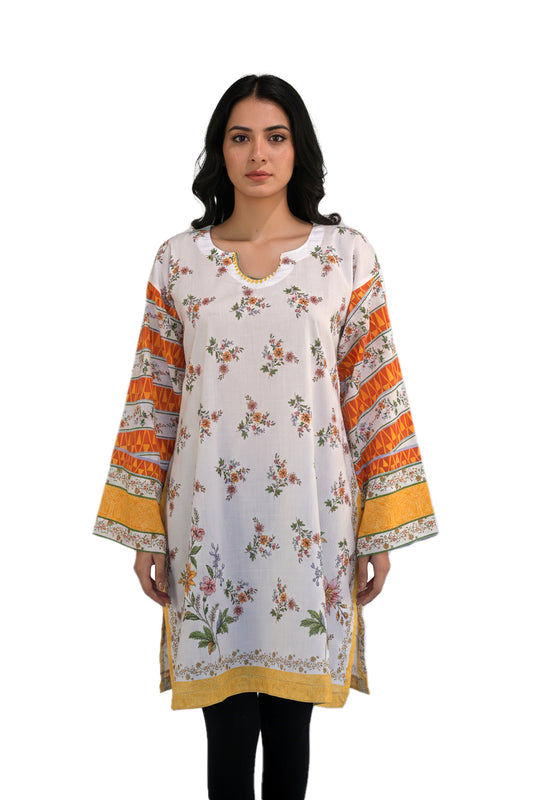Scattered Floral Lawn Printed Short Kurti with Contrast Sleeves