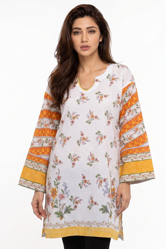 Scattered Floral Lawn Printed Short Kurti with Contrast Sleeves
