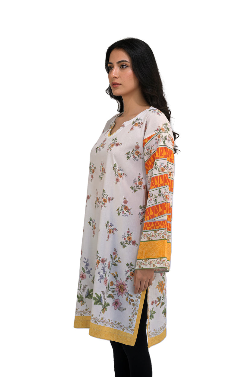 Scattered Floral Lawn Printed Short Kurti with Contrast Sleeves