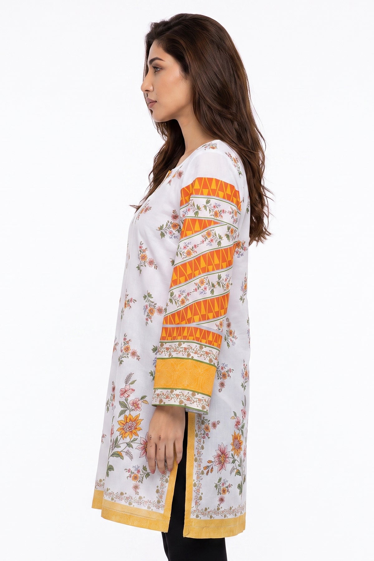 Scattered Floral Lawn Printed Short Kurti with Contrast Sleeves